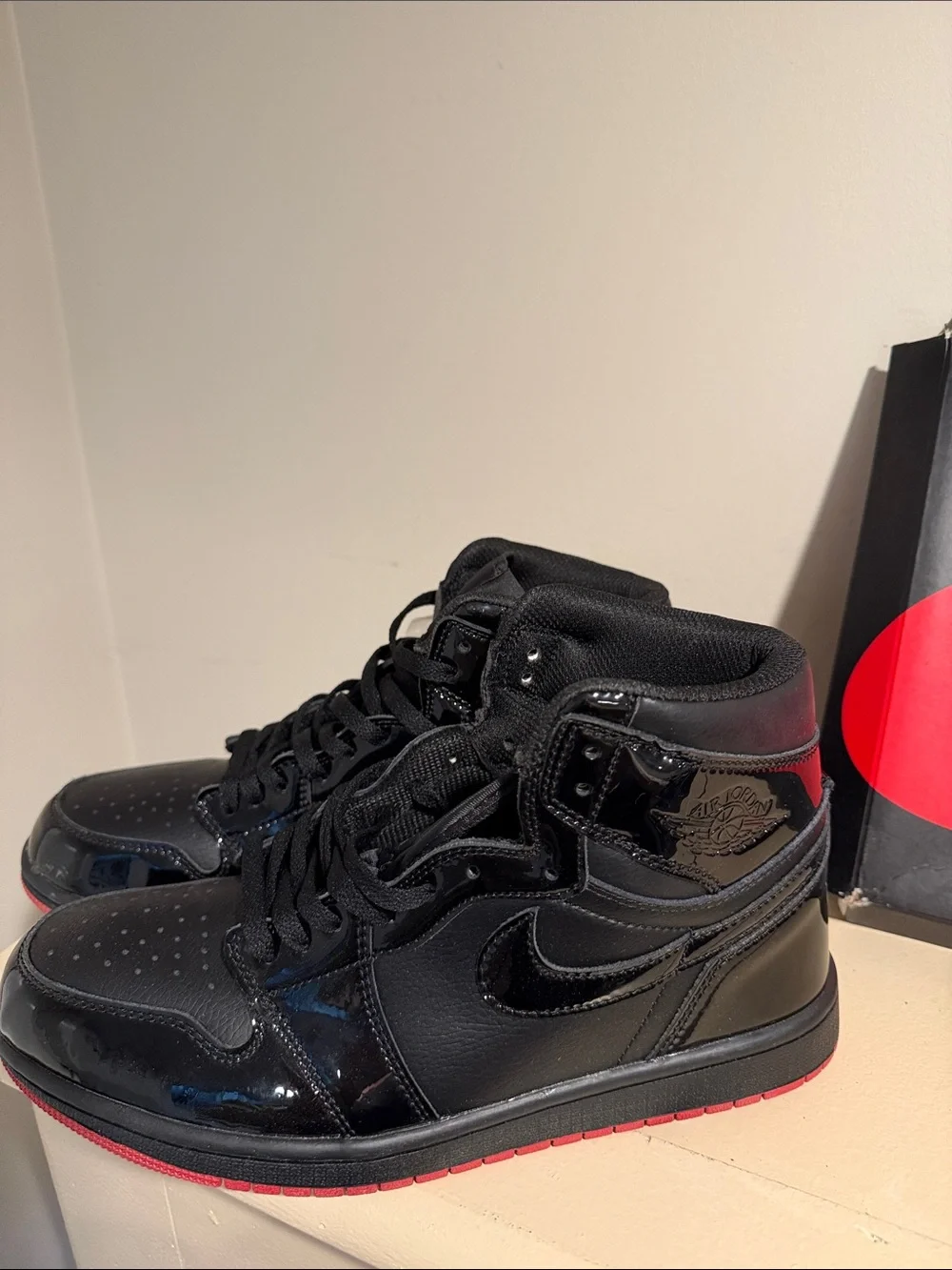 Nike Black Patent Leather High-Top Sneakers with Red Outsole and Laces
